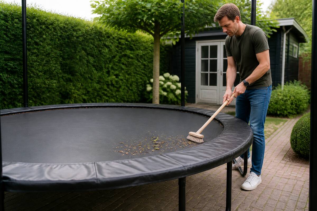 Trampoline in de tuin wordt schoongemaakt met een zachte borstel