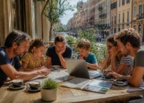 Groep reizigers vergelijkt vakantieopties met laptop en reisnotities op een terras