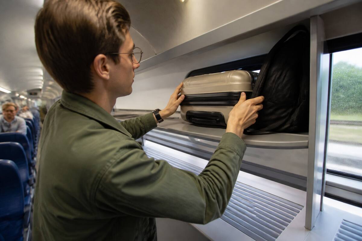 Reiziger die compacte bagage overzichtelijk plaatst in de trein