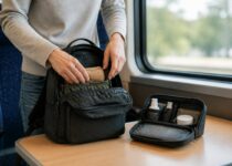 Reiziger die bagage overzichtelijk organiseert voor een treinreis