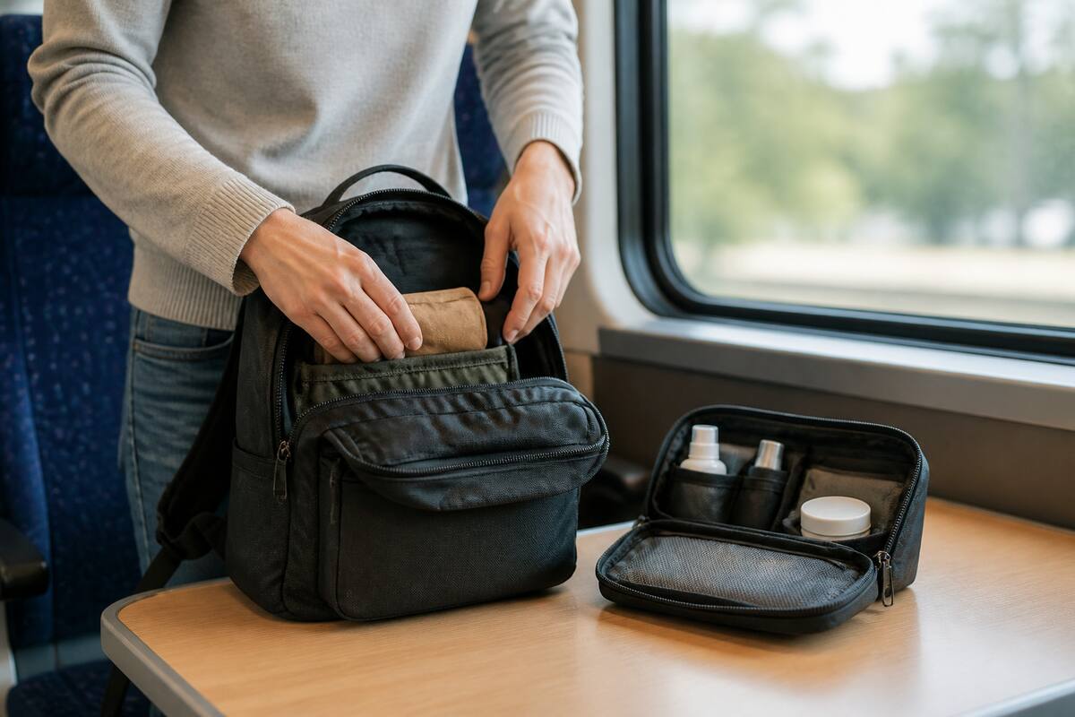 Reiziger die bagage overzichtelijk organiseert voor een treinreis