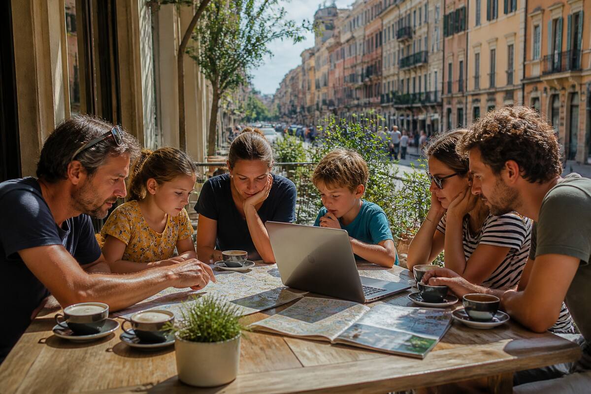 Groep reizigers vergelijkt vakantieopties met laptop en reisnotities op een terras