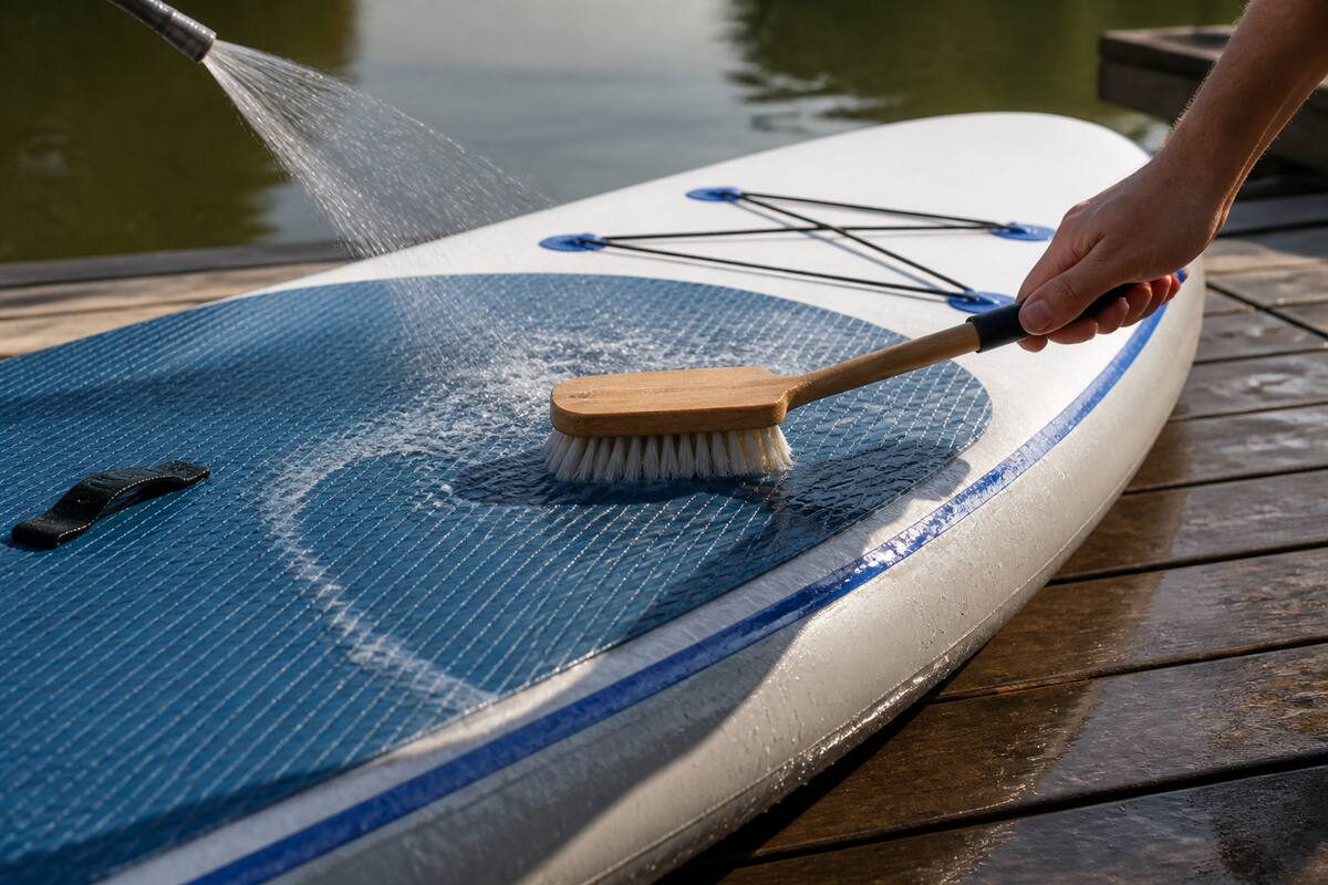 Realistisch beeld van een supboard dat wordt afgespoeld en schoongemaakt na het varen