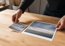 Geprinte foto’s op papier vergeleken op een werktafel met daglicht