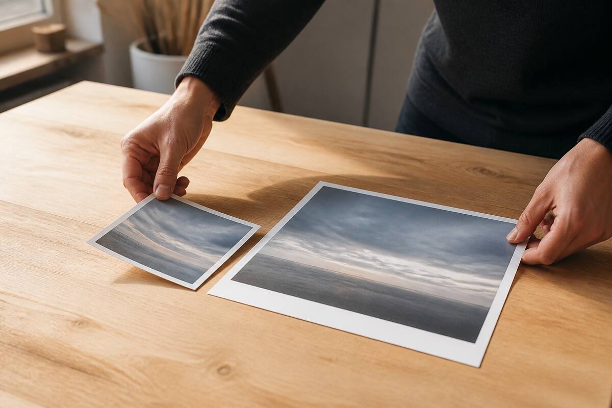 Geprinte foto’s op papier vergeleken op een werktafel met daglicht