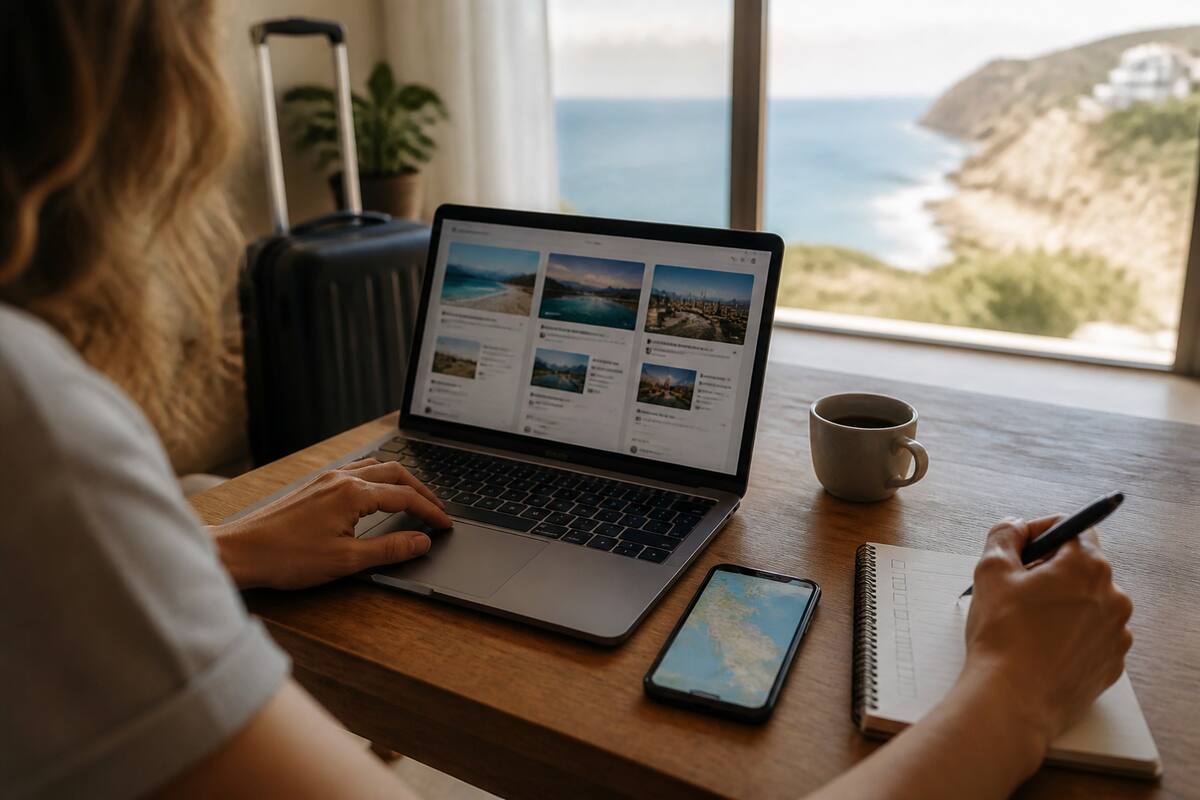 Iemand vergelijkt vakanties op een laptop met een notebook en kaart, bij een raam met daglicht