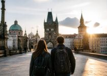 Wandelende reizigers in een Europese stad tijdens golden hour, passend bij een weekend weg