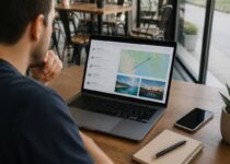 Reiziger die prijzen en voorwaarden voor een vakantie vergelijkt op laptop, met smartphone en notitieboekje