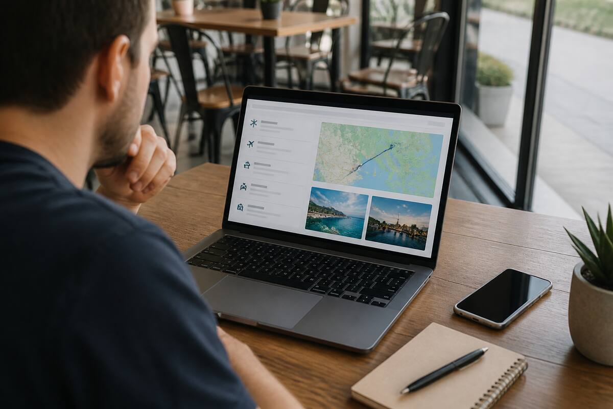 Reiziger die prijzen en voorwaarden voor een vakantie vergelijkt op laptop, met smartphone en notitieboekje