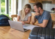 Reisnotities en een laptop op tafel terwijl je vakanties vergelijkt en je boeking controleert