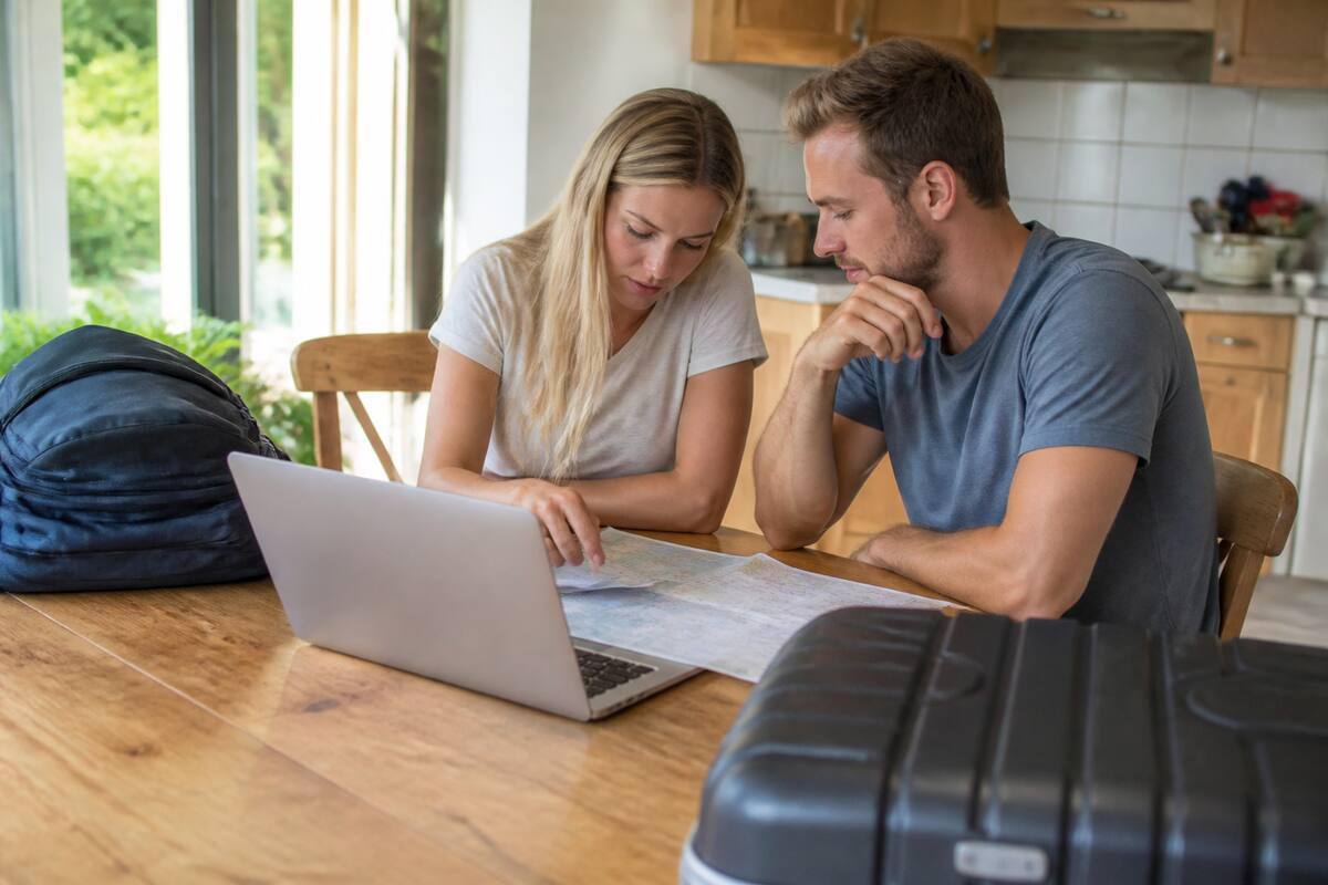 Reisnotities en een laptop op tafel terwijl je vakanties vergelijkt en je boeking controleert