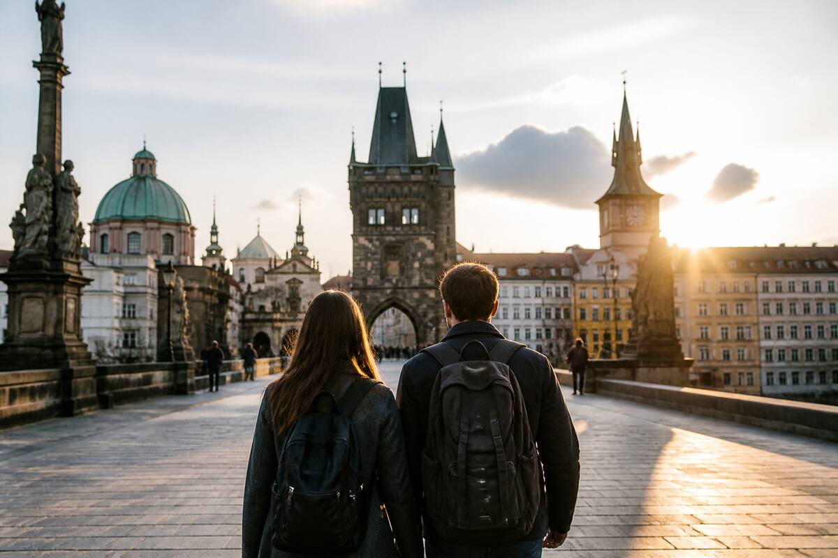 Wandelende reizigers in een Europese stad tijdens golden hour, passend bij een weekend weg