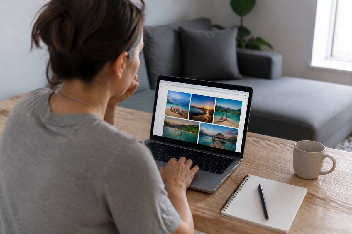 Iemand vergelijkt reisopties op een laptop met een notitieboekje