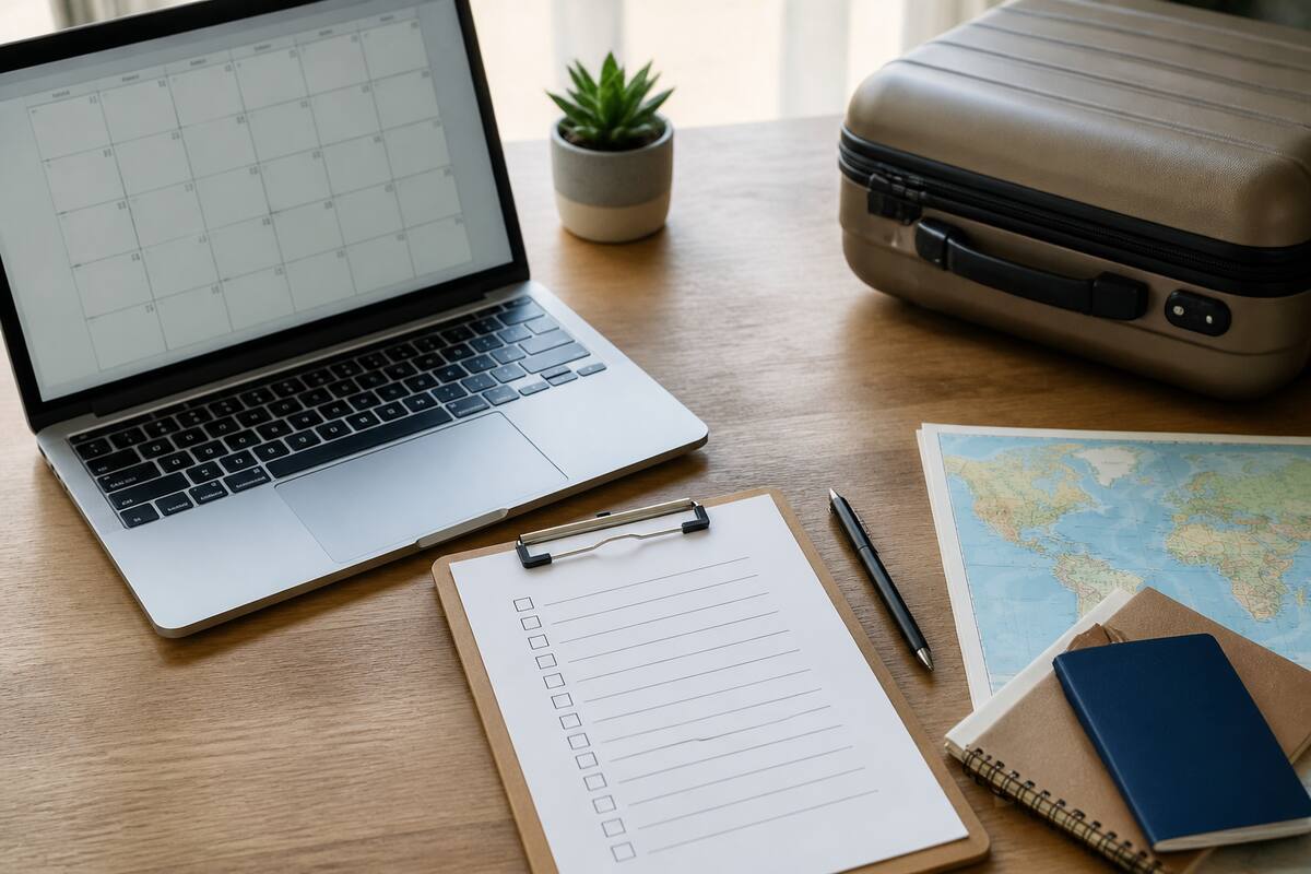 Checklist voor het boeken van een vakantie met laptop en reiskoffer