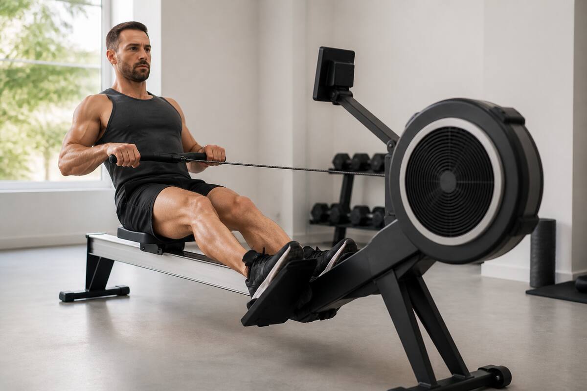 Persoon die roeit op een moderne roeimachine in een thuisgym